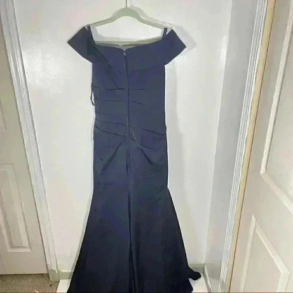 NEW La Femme Off Shoulder Ruched Satin Trumpet Gown - Picture 8 of 10